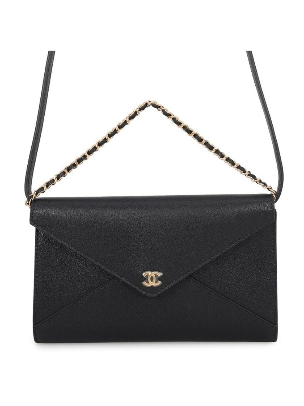 Chanel Chain Shoulder Bag Strap Clutch CC Logo Grained Goat Skin Black